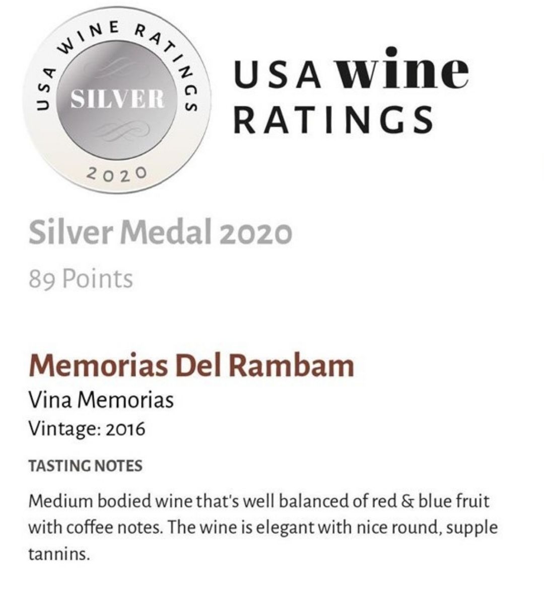 Memorias del Rambam Silver Medal USA Wine Ratings