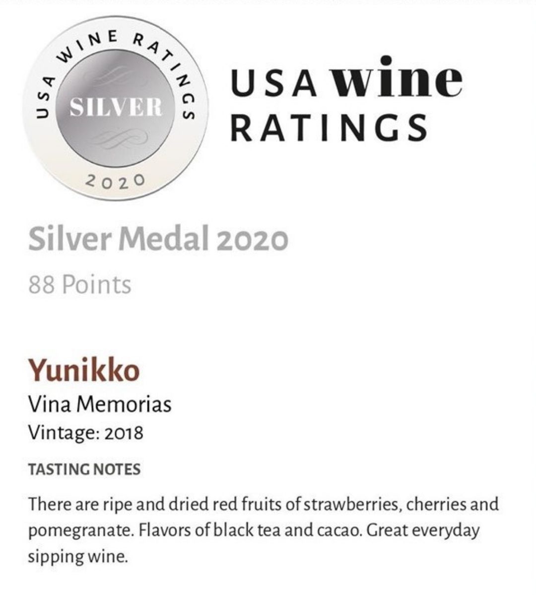 Yunikko Silver Medal USA Wine Ratings