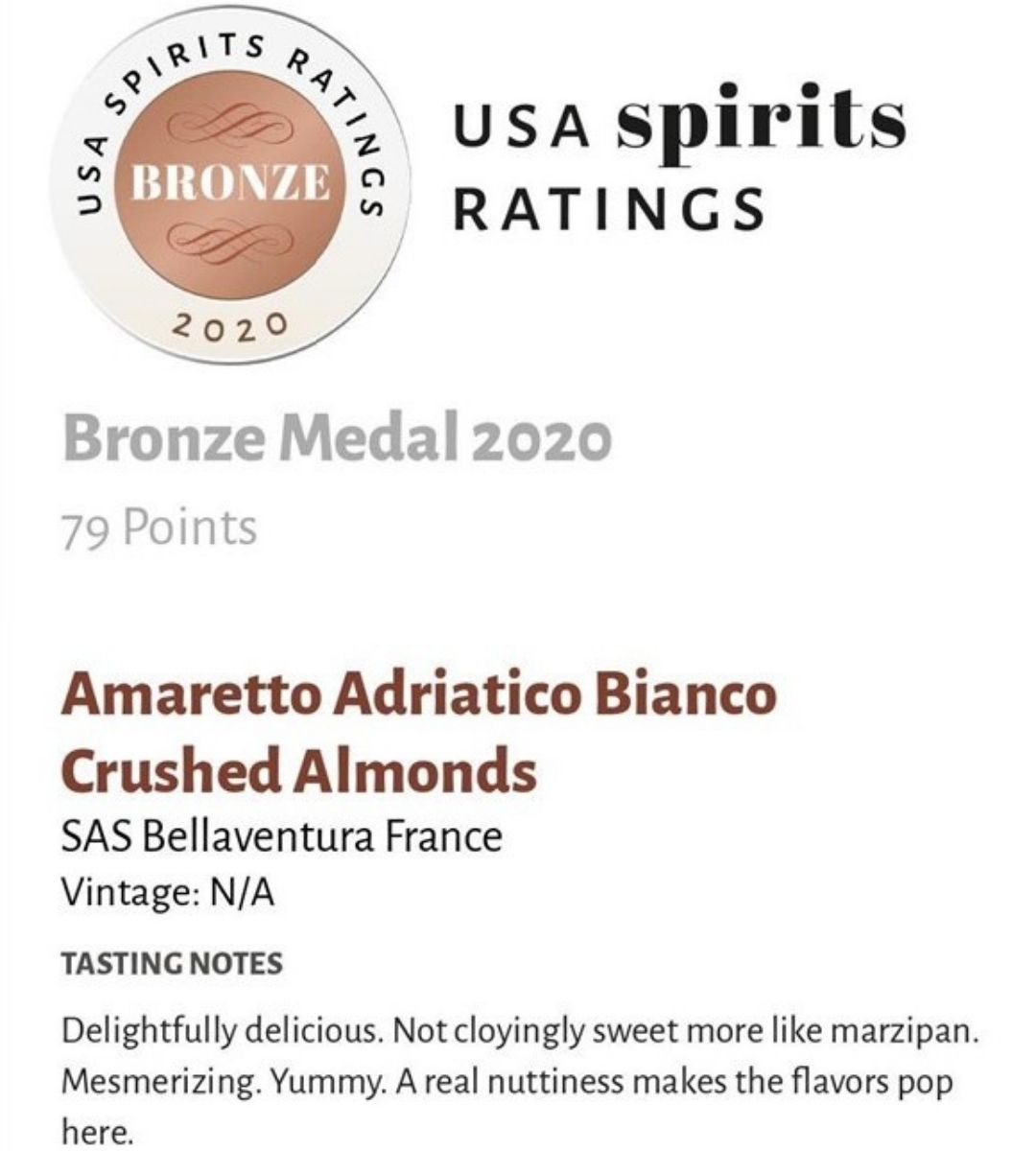 Amaretto Adriatico Bianco Crushed Almonds Bronze Medal USA Spirits Ratings