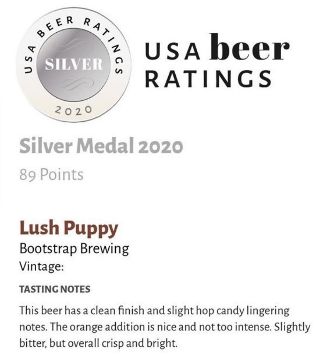 Lush Puppy Silver Medal USA Beer Ratings